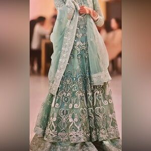 Pakistani Heavy stone work Elegant Gown in teal blue fancy party wear 3 piece